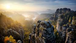 Foggy sunrise at Bastei, Saxon Switzerland, Germany Foggy sunrise at Bastei, Saxon Switzerland, Germany