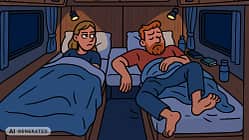 Comic, Schlafen, Betten, Querbett, Einzelbett Comic-artige Darstellung einer Schlafsituation im Campingfahrzeug