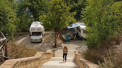 Treppe, Berge, Ausblick, Frau, Caravans