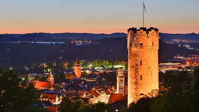Germany, Baden-Wuerttemberg, Ravensburg, town tower Mehlsack and Blaserturm at night
