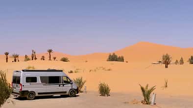 Wüstenlandschaft, Campingvan, Palmen, Büsche, Sand, Himmel