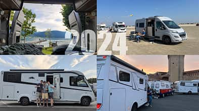 Collage der Highlights 2024. Vier szenische Bilder aus dem Campingurlaub.