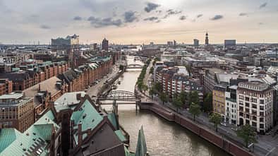 Hamburg Speicherstadt and Hafencity aerial view