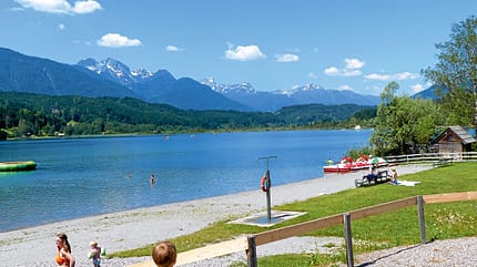 Campingplatz des Monats, Camping, Campingplätze, Österreich, Kärnten, Strand Der Schluga-Strand ist für Camping- und Apartmentgäste kostenlos.