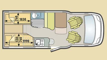 Hymer Van 374, Grundriss Nahezu einzigartig auf dem Markt ist der Sechs-Meter-EinzelbettenGrundriss des Van 374.