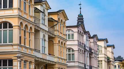 baltic sea island,bansin,bergstrasse,building,residential house,wilhelminian style Germany, Mecklenburg-Western Pomerania, Heringsdorf, Row ofWilhelminian villas along Bergstrasse