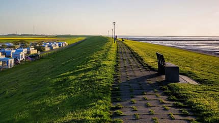 German North Sea Region,Friesland,Trailer Park,Dyke,Lower Saxony,Bench,Green Color,North,Camping,Saxony,Germany,Europe,Meadow,North Sea,Sea,Water,Village,Town,ostfriesland,Wadden Sea,Neuharlingersiel,East Friesland Deich