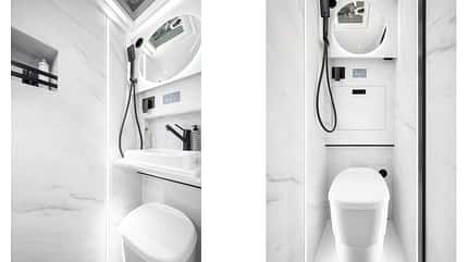 Globe-Traveller, Falcon, Campingbus, VW Crafter, Volkswagen Sanitärraum, Marmoroptik, Campingbus, Toilette, Dusche, Klapp-Waschbecken, Spiegel