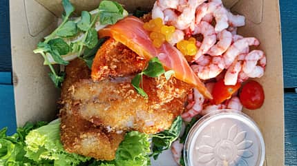 Stjerneskud,Varainte des dänischen Nationalgerichts Smørrebrød, Fisch, Salat,Tomate Stjerneskud,Varainte des dänischen Nationalgerichts Smørrebrød, Fisch, Salat,Tomate