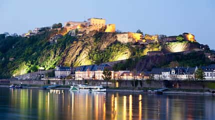 Koblenz, View of fortress Ehrenbreitstein in evening light with river rhine