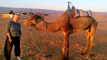 Kamel, Frau, Glücklich, Wüstenlandschaft, Sand, Dünen, Zelte Kamel, Frau, Glücklich, Wüstenlandschaft, Sand, Dünen, Zelte