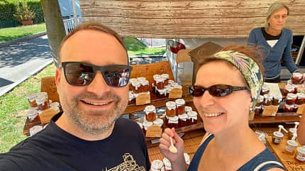 Markt, Selfie, Honig-Tasting, Menschen Markt, Selfie, Honig-Tasting, Menschen