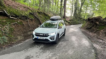 Dacia, Jogger, Microcamper, Car-Camping, Campingmodul, Dachbox, Parkplatz, Wald 2 Dacia im Wald von vorne