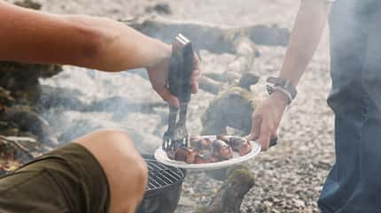 service,help,gesture,alfresco,vacation man dishing out bbq food to friend