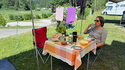 dauertest, dreamer cap land, camping mit hund Frühstück