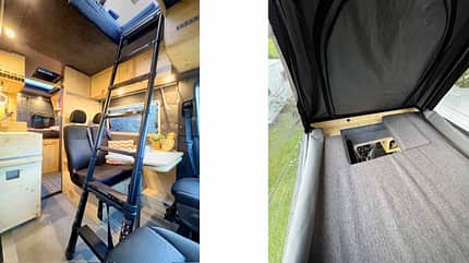 Leiter, Dachzelt, Bett, Wohnraum, Sitzgruppe Flowcamper Max Autark, Innenaufnahme