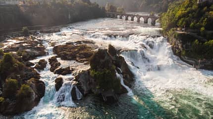 Aerial panorama of Rheinfall cascade rapid waterfall on Rhine river Bodensee Neuhausen Schaffhausen Switzerland Germany
