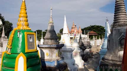 Unusual tomb stones grave markers Chinese Cemetery Kanchanaburi Thailand
