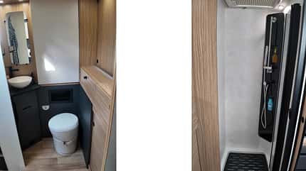 Mooveo TEI-70 DH (2027), Bad, Duschkabine, WC, Waschbecken Raumbad im Mooveo TEI-70 DH (2027) mit getrennter Duschkabine, Thetford-Kassettentoilette und Waschbecken, 230-V-Steckdose im Badbereich.