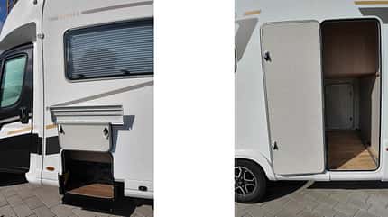 Mooveo TEI-70 DH (2027), Außenstauraum, hoher Stauraum Heckgarage Heckgarage des Mooveo TEI-70 DH (2027) mit hoher Stauraumkapazität, Beleuchtung und 230-V-Steckdose, optional mit Außendusche.