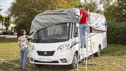 Hülle, Leiter, Wohnmobil Herablassen der Hülle
