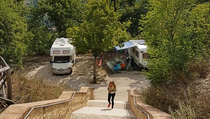 Treppe, Berge, Ausblick, Frau, Caravans