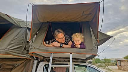 Vater, Kind, Dachzelt, Camping, Himmel
