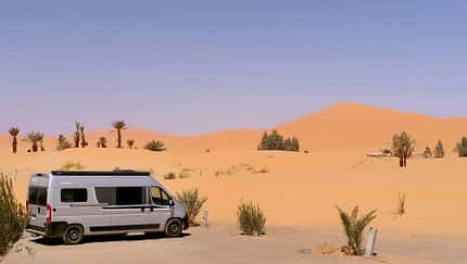 Wüstenlandschaft, Campingvan, Palmen, Büsche, Sand, Himmel