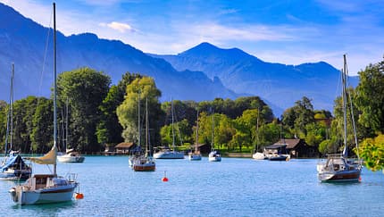 Salzkammergut, See, Boote, BŠume, Berge, Himmel