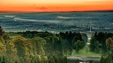Ausblick, Panorama, BŠume, Stadt, Horizont, Sonnenuntergang