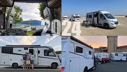 Collage der Highlights 2024. Vier szenische Bilder aus dem Campingurlaub.
