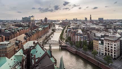 Hamburg Speicherstadt and Hafencity aerial view
