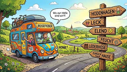 Cartoon, Ortsschild, Wohnmobil