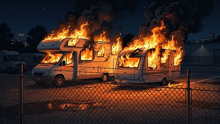 Brennendes Wohnmobil neben brennendem Wohnwagen, Brand auf Parkplatz