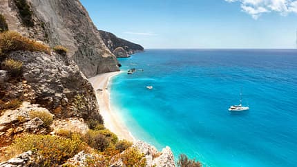 azure,boat,cloud,lefkada,scenic,vessel,warm colors Porto Katsiki Beach in Lefkada island, Griechenland