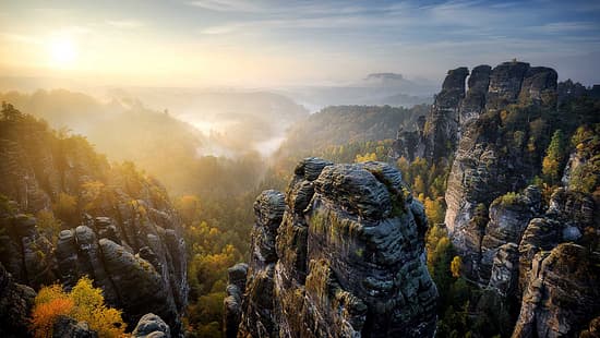 Foggy sunrise at Bastei, Saxon Switzerland, Germany