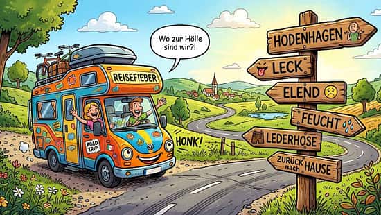 Cartoon, Ortsschild, Wohnmobil