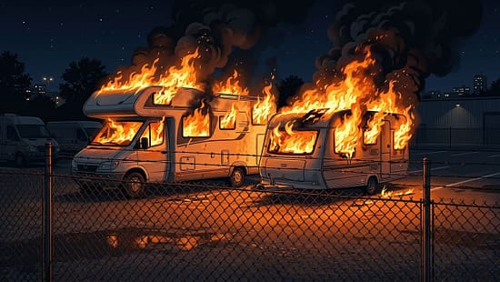Brennendes Wohnmobil neben brennendem Wohnwagen, Brand auf Parkplatz