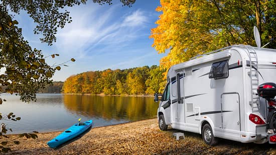 ferien, herbst, laub, camping, wohnmobil, kanu, see
