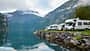 Motorhomes at campsite by the Geirangerfjord in Norway
