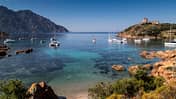 anchor,bay,blue sea,blue sky,coast,corsica,day,elevated view,france,girolata,nature,nobody,outdoors,scenics,sea,summer,traditional,tranquil,transport,travel destination,travel,vessel,water,yacht,Girolata,Corsica,France Korsika