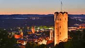 Germany, Baden-Wuerttemberg, Ravensburg, town tower Mehlsack and Blaserturm at night