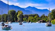 Salzkammergut, See, Boote, BŠume, Berge, Himmel