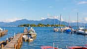 Hafen, Schiffe, Steg, Insel, Berge, See, Horizont Hafen, Schiffe, Steg, Insel, Berge, See, Horizont