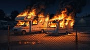 Brennendes Wohnmobil neben brennendem Wohnwagen, Brand auf Parkplatz