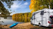 ferien, herbst, laub, camping, wohnmobil, kanu, see